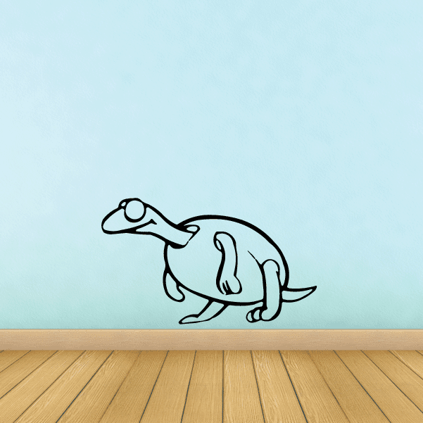 Cartoon turtle decal, light teal body with black outline, side view stretching left