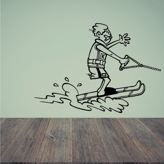 Cartoon water skiing decal featuring a skier riding a ski with water splashes