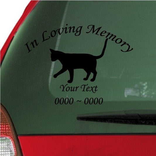 Cat memorial decal with black cat silhouette and 'In Loving Memory' text for custom name