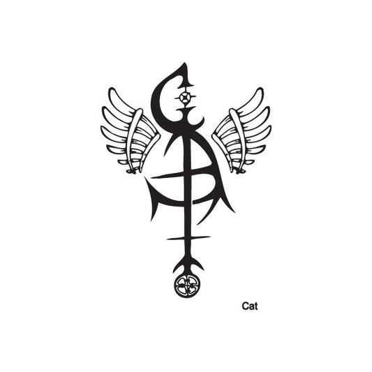 Black cat graffiti decal with wings and decorative cross design