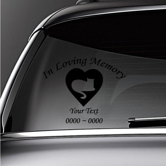 Car decal: cat heart with “In Loving Memory” text and custom “Your Text” lines
