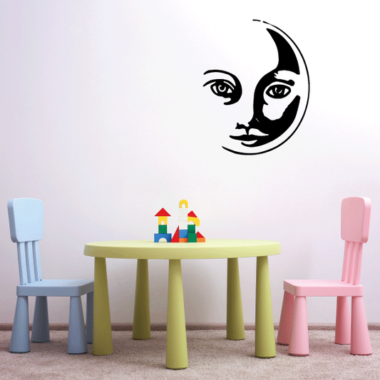 Cat moon face wall decal, black cat face on a crescent moon shape