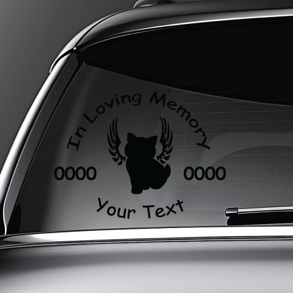 Memorial decal: cat with wings, “In Loving Memory” and “Your Text”