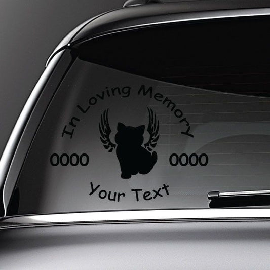 Memorial decal: cat with wings, “In Loving Memory” and “Your Text”