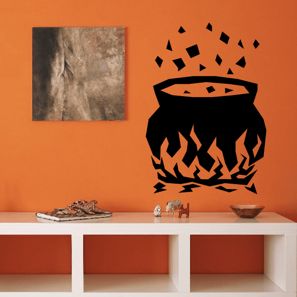 Cauldron on intense fire wall decal, black cauldron with orange flames and embers