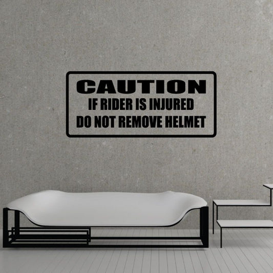 Rectangular caution helmet decal with black border and bold warning text