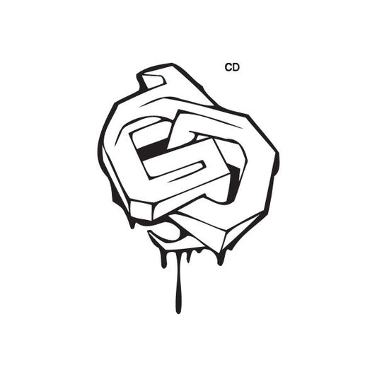 Graffiti-style CD decal with black and white lettering and paint-drip detail