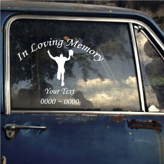 In Loving Memory football player decal with white silhouette and space for custom text
