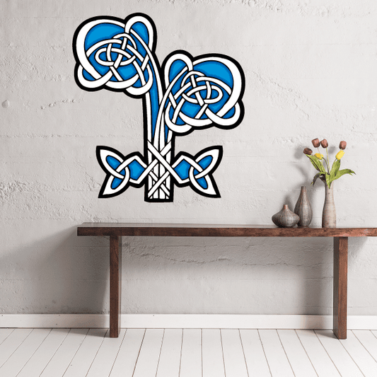 Celtic ornament wall decal of blue-and-white knotwork tree with decorative roots