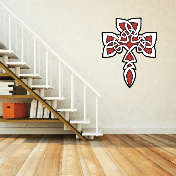 Celtic cross wall decal vinyl sticker with red and black knotwork ornament
