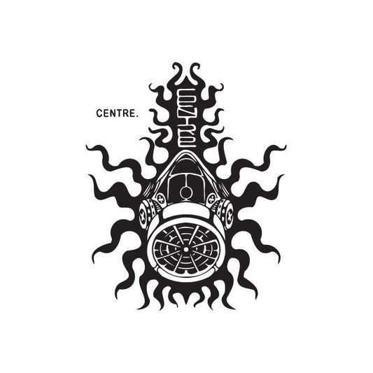 Graffiti-style center decal with circular clock emblem and flame burst, black and white.