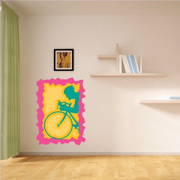 Cyclist sticker decal with yellow bicycle and rider, pink border