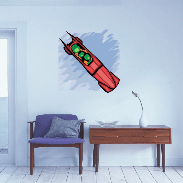 Red bobsled sticker with green windows and black outline