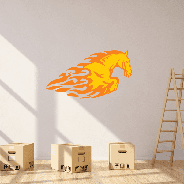 Flaming horse sticker with orange-yellow flames and outlined horse head