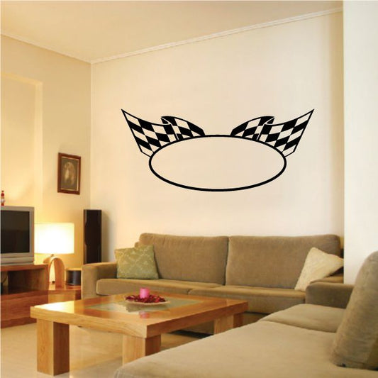 Checkered flag wall decal with black-and-white banner and winged flags
