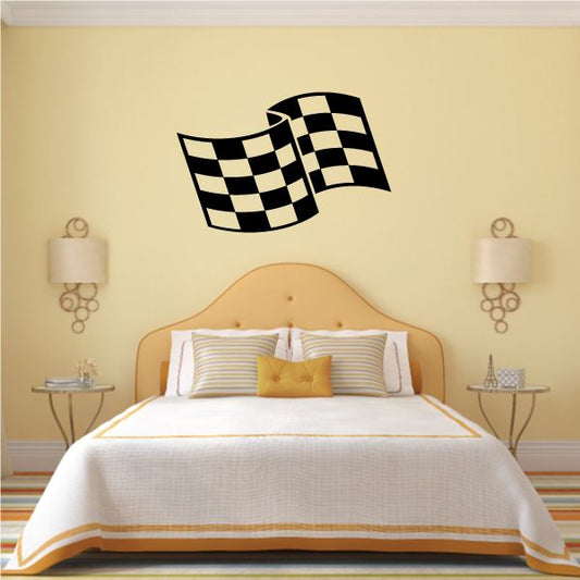 Checkered flag vinyl wall decal with two black-and-white waving banner flags