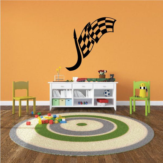 Checkered flag wall decal, black and yellow checkered banner with swoosh tail
