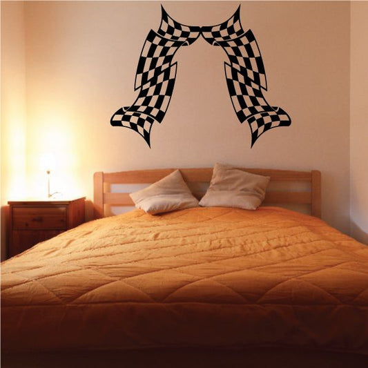 Checkered flag wall decal with two crossed racing flag icons in black and white