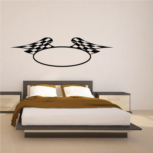 Checkered flag wall decal with two flags and center circle, black and white