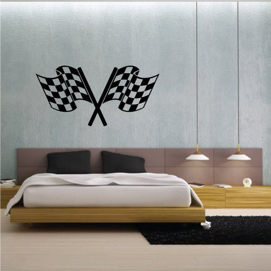Checkered flag wall decal with two crossed black/white flags