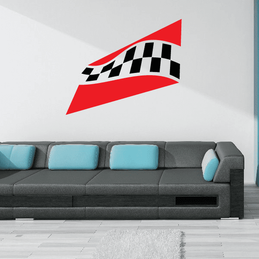 Checkered flag wall decal sticker with black-and-white checkered flag on red banner
