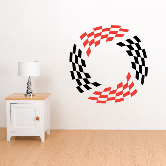 Checkered flag wall decal sticker with red and black racing-flag spiral