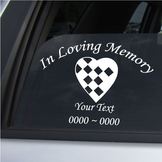 Checkered heart memorial decal with 'In Loving Memory' and custom text