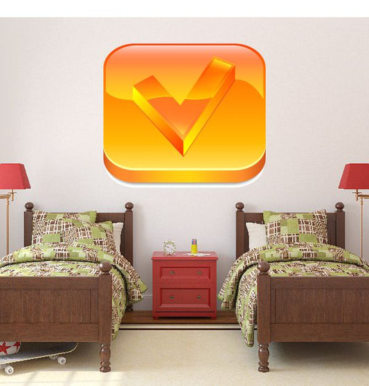 Orange and yellow checkmark vinyl wall decal with glossy 3D V shape