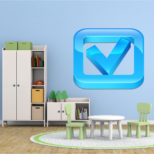 Blue checkmark wall decal inside rounded square, glossy vinyl