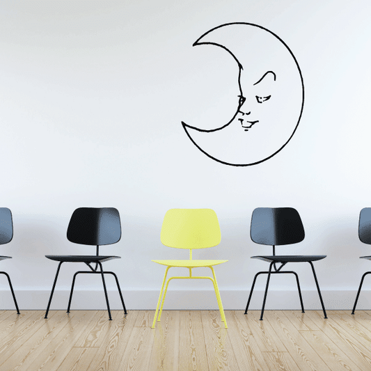 Cheerful moon face wall decal with black line drawing on light surface