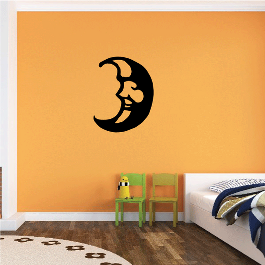 Moon wall decal with smiling face, black crescent shape
