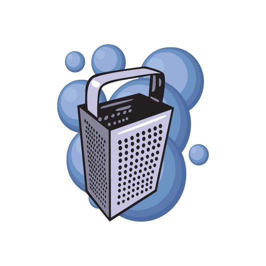 Cheese grater sticker icon with perforated sides and a blue handle