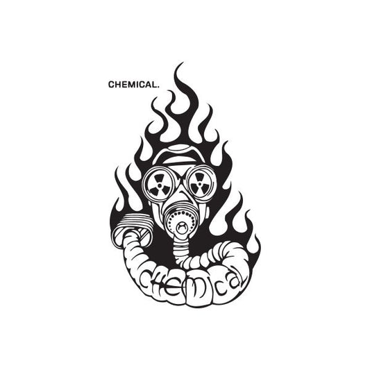 Graffiti gas mask decal with flames and CHEMICAL text, black and white