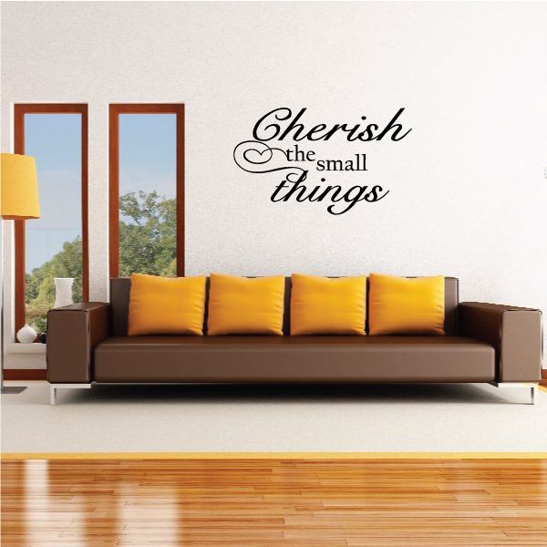 Script wall decal: 'Cherish the small things' with heart accents