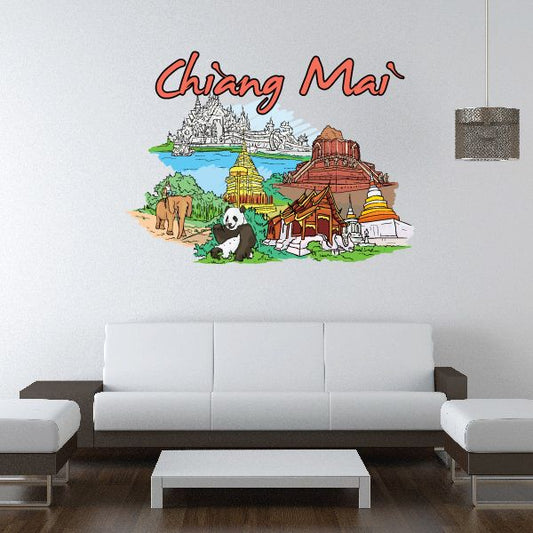 Chiang Mai sticker: temple scene with elephants, panda, and Chiang Mai script