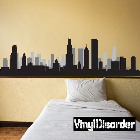 Chicago skyline vinyl wall decal, black city silhouette skyline above bed