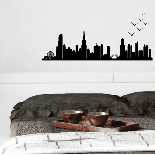 Black Chicago skyline vinyl wall decal with skyscrapers and Ferris wheel silhouette