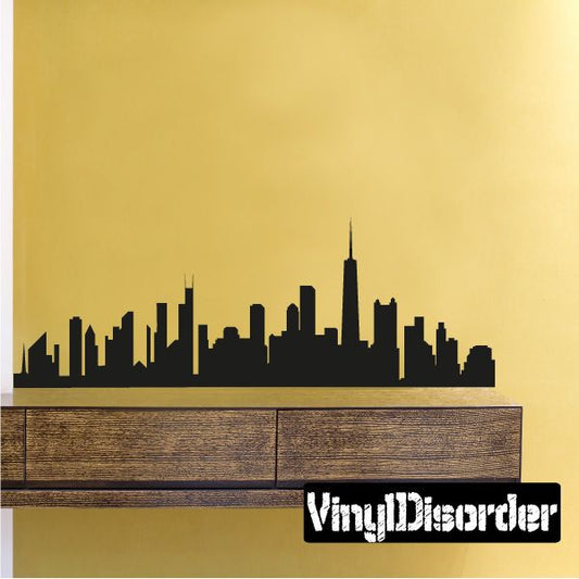 Chicago skyline vinyl decal with black city silhouette and VinylDisorder logo text