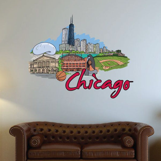 Chicago skyline sticker with basketball and Chicago script logo, multicolor