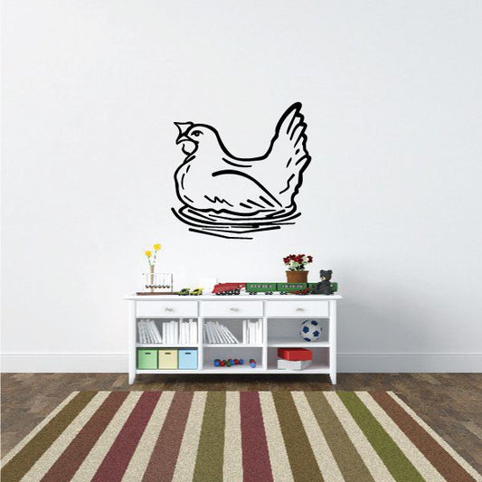 Chicken hen on nest decal, black line-drawn hen resting on nest.