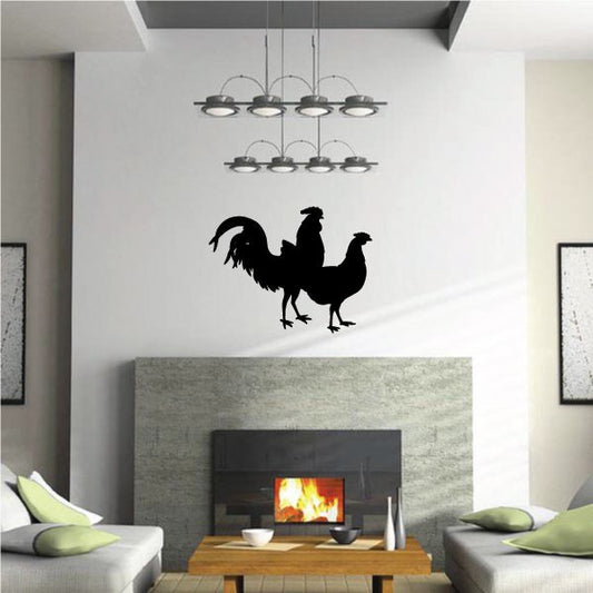 Chicken wall decal with black rooster and hen silhouettes, three birds