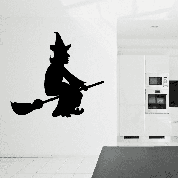 Chill Witch riding a broom decal, black silhouette wall sticker