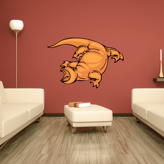 Orange cartoon chomp dinosaur sticker with open mouth and tongue