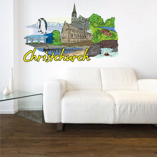 Christchurch cityscape sticker with cathedral and sea, script lettering