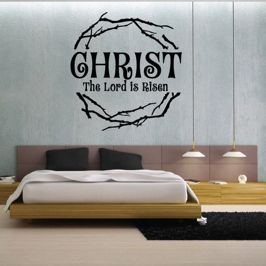 Religious wall decal with black branch wreath and 'CHRIST The Lord is Risen' text
