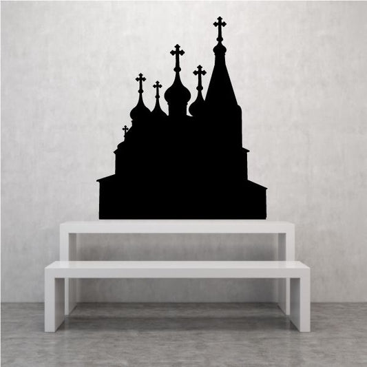 Church skyline wall decal with multiple spires, black silhouette