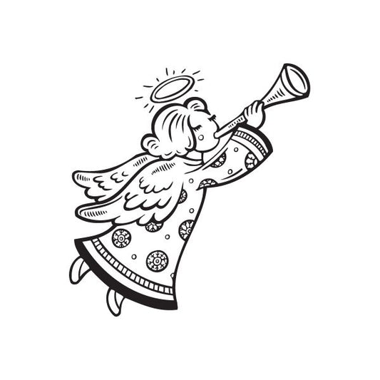 Christmas angel blowing horn decal, black line art angel holding a trumpet horn