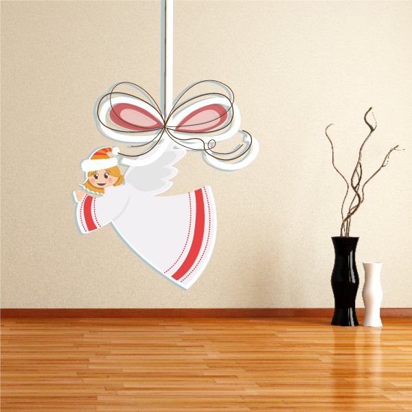 Angel ornament decal with ribbon print, white wings and red-trim dress