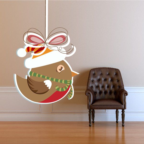 Christmas bird ornament sticker: brown bird with striped scarf, white bow and hanging loop