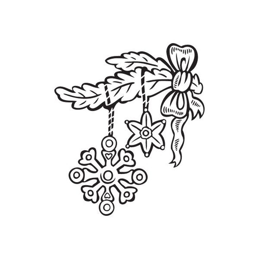 Hanging snowflake ornament decal with black outline, bow, star accents, and loop